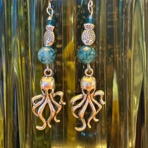Silver Octopus Earrings with Blue Accents